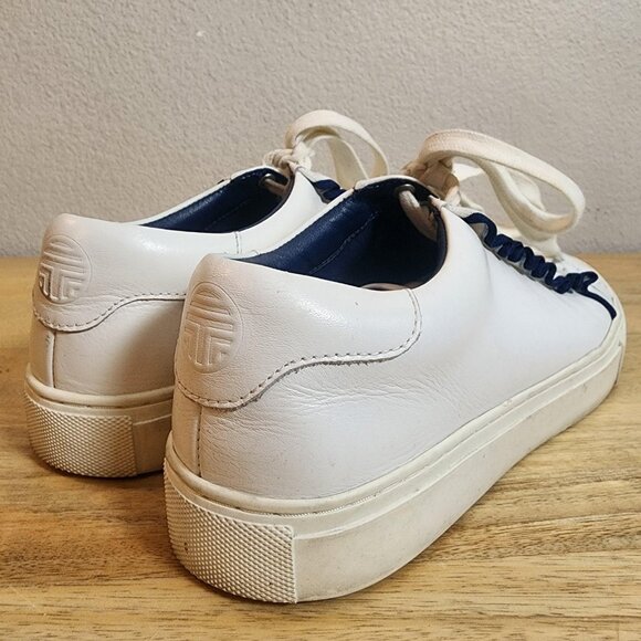 Tory Sport Shoes Womens Size 7.5 White Navy Leather Lace Up Low Top Sneakers - Picture 2 of 10